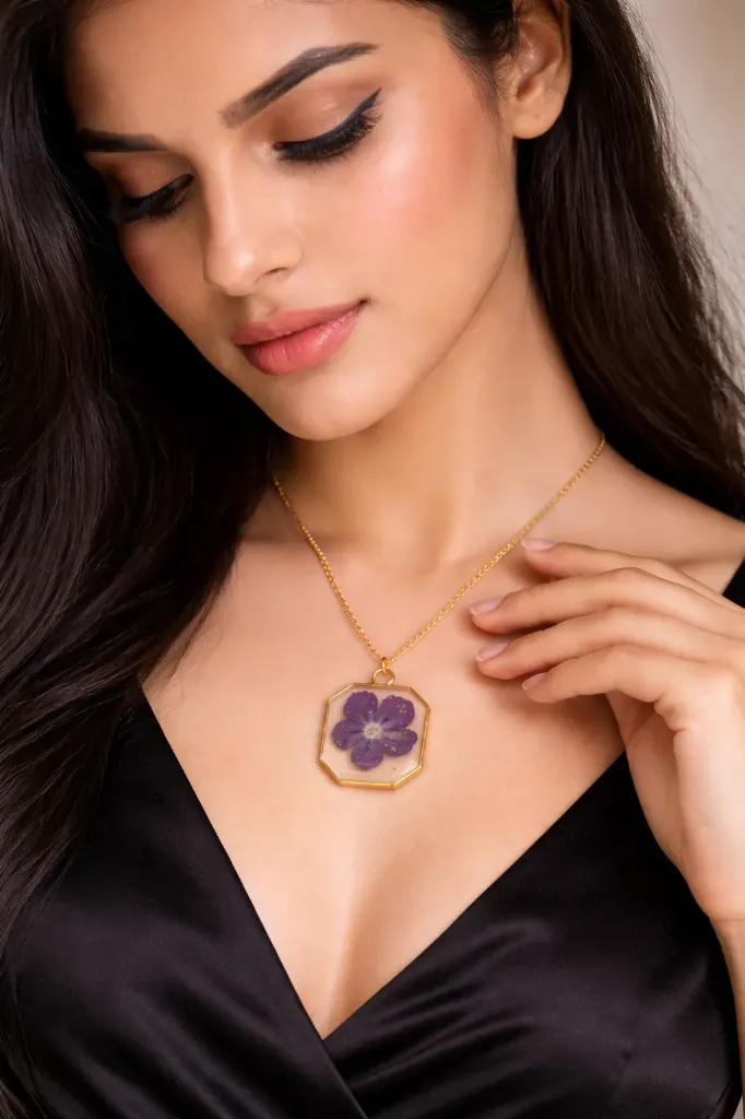 Purple Flower Hexagon Necklace