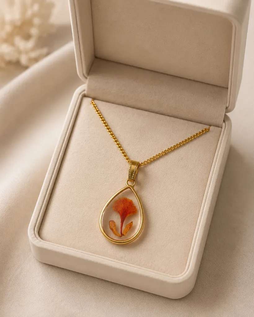 Orange Floral Teardrop Resin Pendant Necklace by Flaunt N Flourish