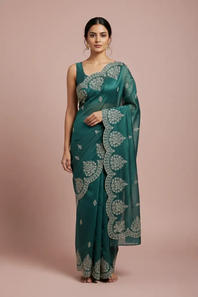 Sea Green Jimmy Choo Style Saree with Elegant White Embroidery