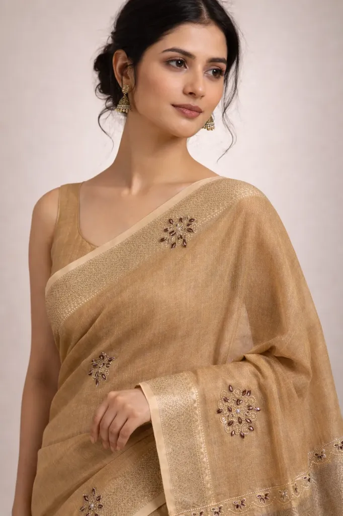 Embroidered, Woven, Striped Daily Wear Linen Silk Saree by Flaunt N Flourish