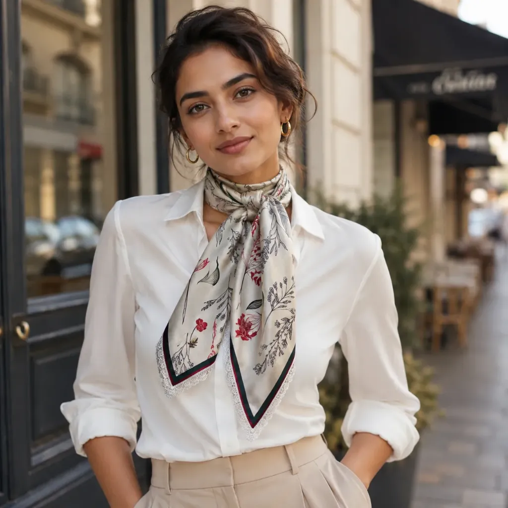 Botanical Satin Square Scarf with Lace Border - Ivory Floral Print