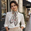 Botanical Satin Square Scarf with Elegant Lace Border - Ivory Floral Print
