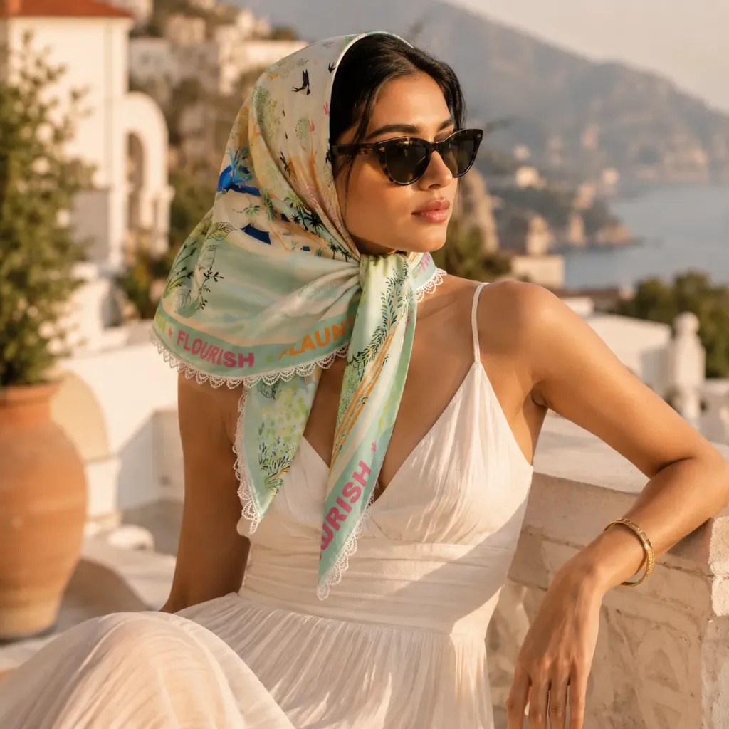 Tropical Sunset Print Premium Satin Scarf by Flaunt N Flourish