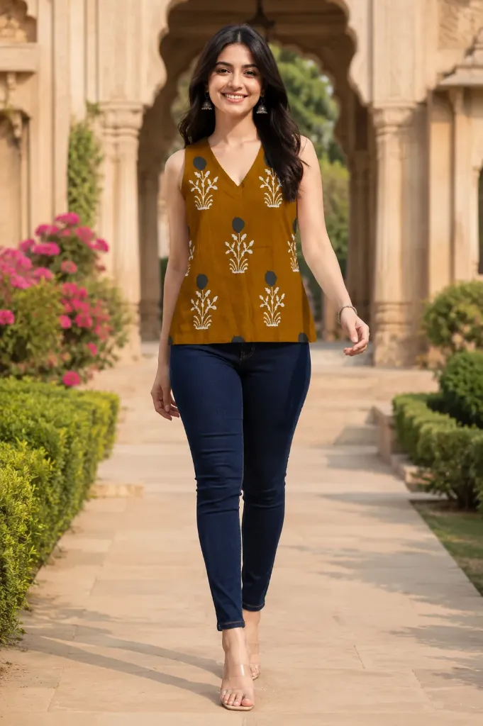 Mustard Cotton Sleeveless Short Kurti by Flaunt N Flourish